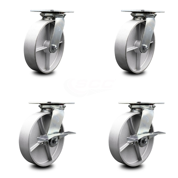 8 Inch Semi Steel Swivel Caster Set with Roller Bearings 2 Brakes
